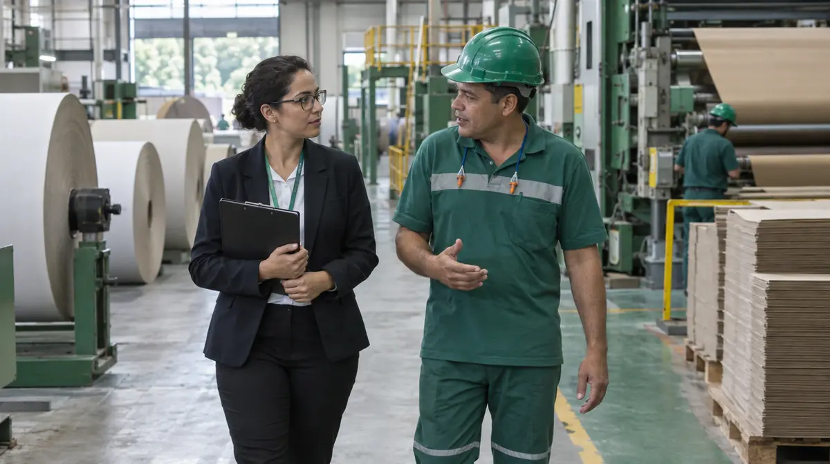 Auditora e supervisor de produção caminhando por uma fábrica de papel