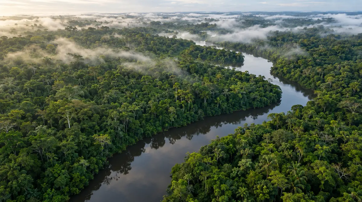 Vista aérea de floresta nativa brasileira com rio sinuoso e névoa