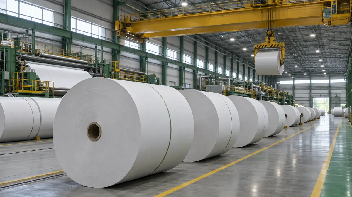 Grandes bobinas de papel no chão de uma fábrica de papel e celulose