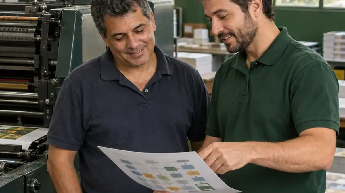 Consultor e gerente de gráfica revisando um relatório ao lado da impressora