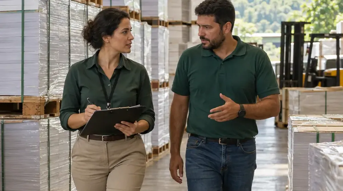Responsável de qualidade com tablet conferindo fornecedores ao lado do gerente em um estoque de papel