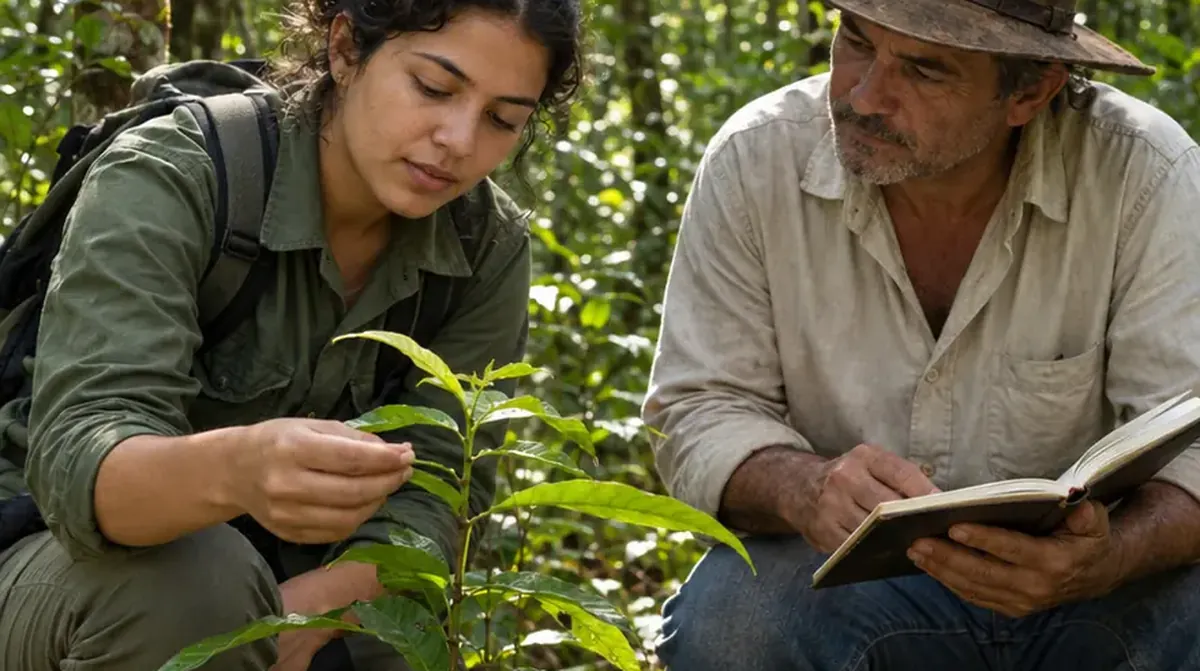 Engenheira florestal e produtor avaliando a regeneração em uma área de floresta nativa manejada