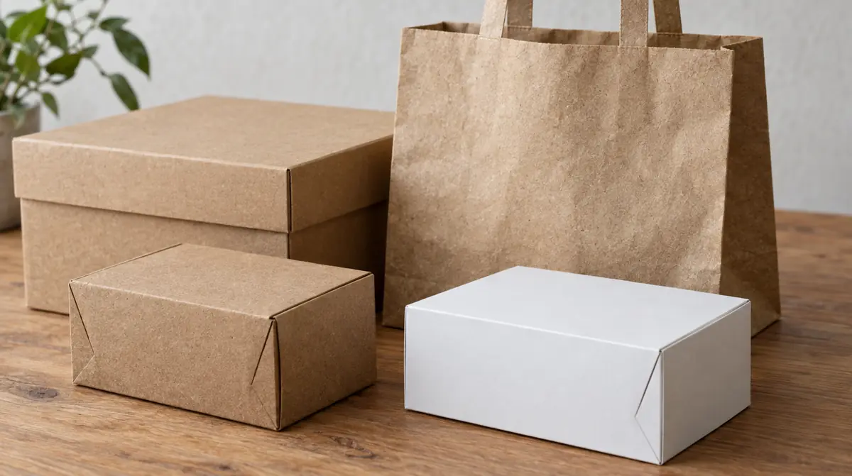 Embalagens de papel kraft, papel reciclado e papelão branco sobre uma mesa
