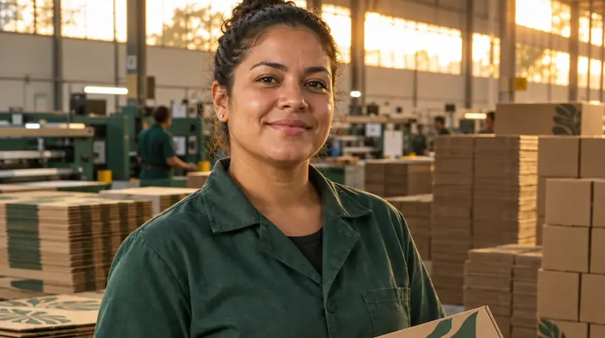 Operadora de cartonagem segurando uma caixa de papelão impressa com estampa de folhas