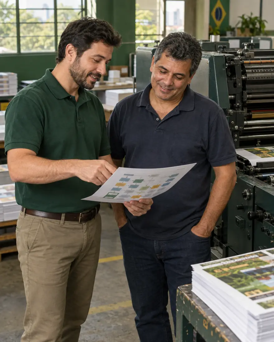 Consultor da NexFlora revisando o processo com o dono de uma gráfica ao lado da impressora