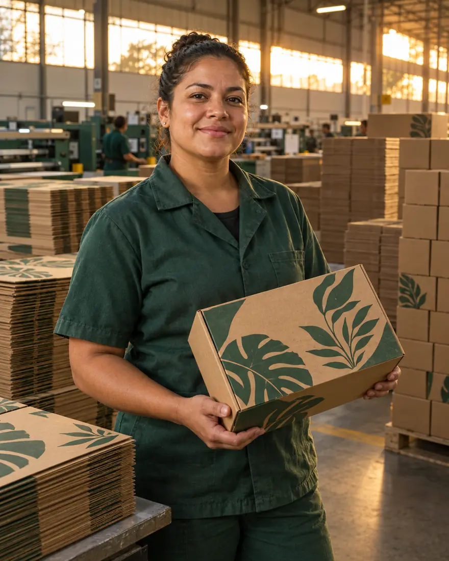 Funcionária de uma fábrica de embalagens segurando uma caixa kraft impressa
