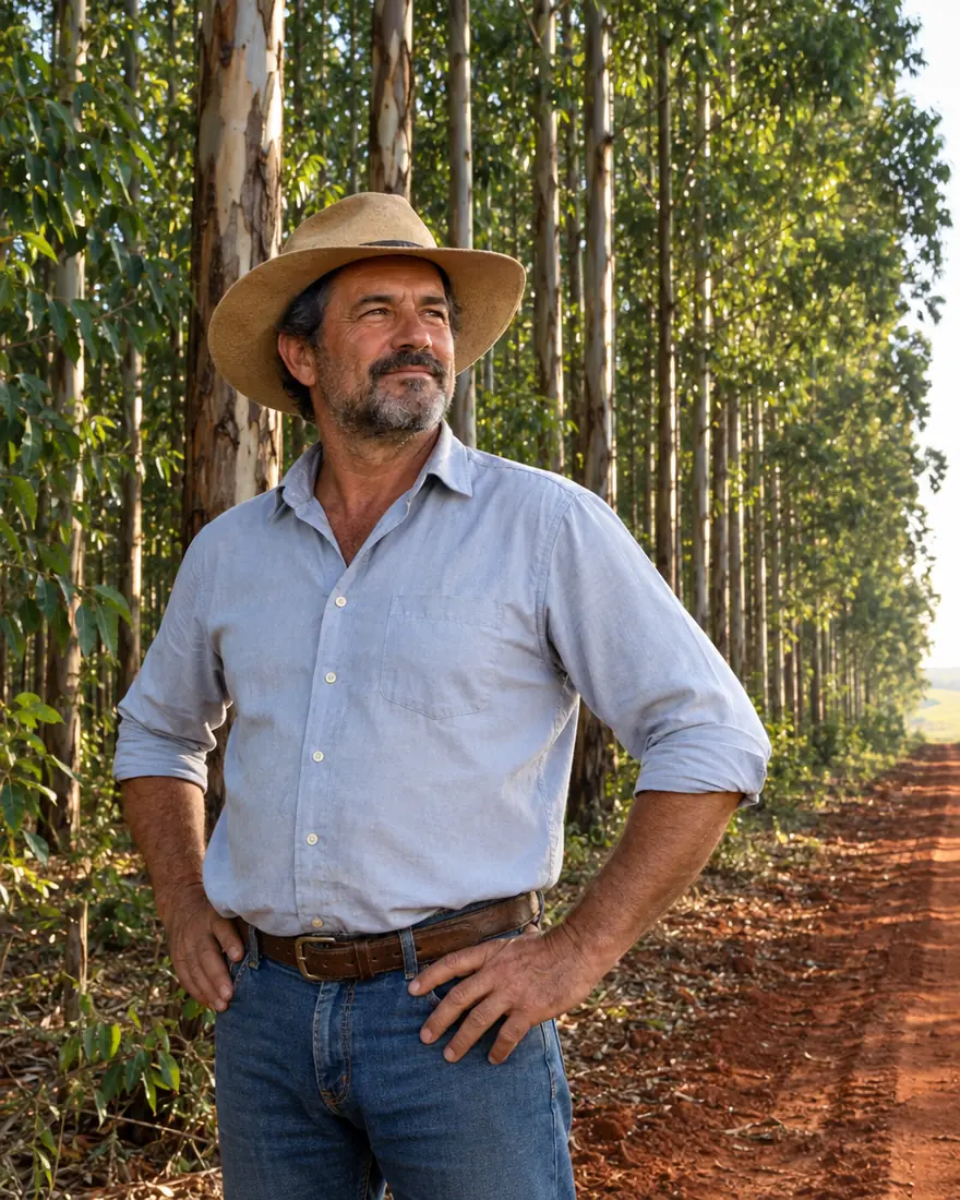 Produtor rural na borda da sua floresta plantada de eucalipto