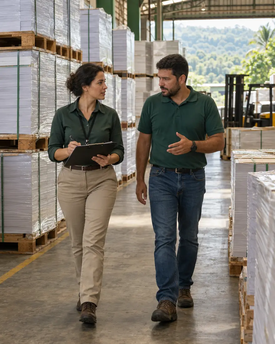 Consultora da NexFlora percorrendo um depósito de papel com o gestor de logística