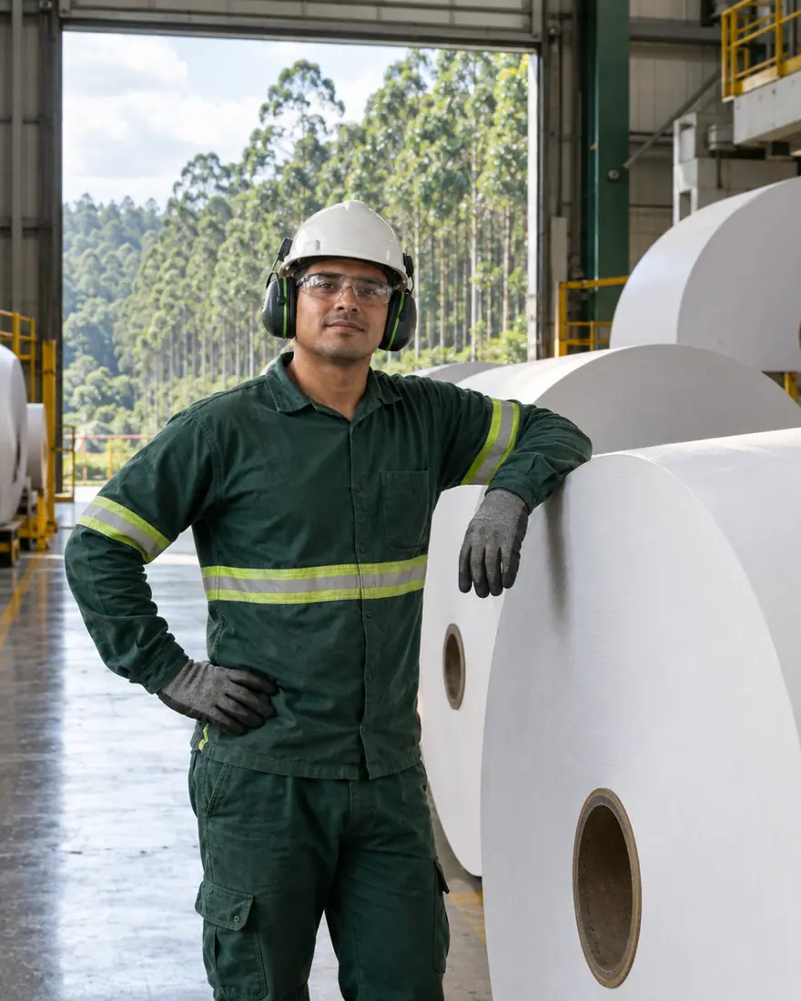 Operador de fábrica de papel ao lado de grandes bobinas brancas